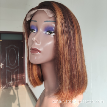 Hot Selling Lace Front Afro Honey Blonde Highlighted Full Bob Wig Human Hair Ombre Human Hair Wig With Bang